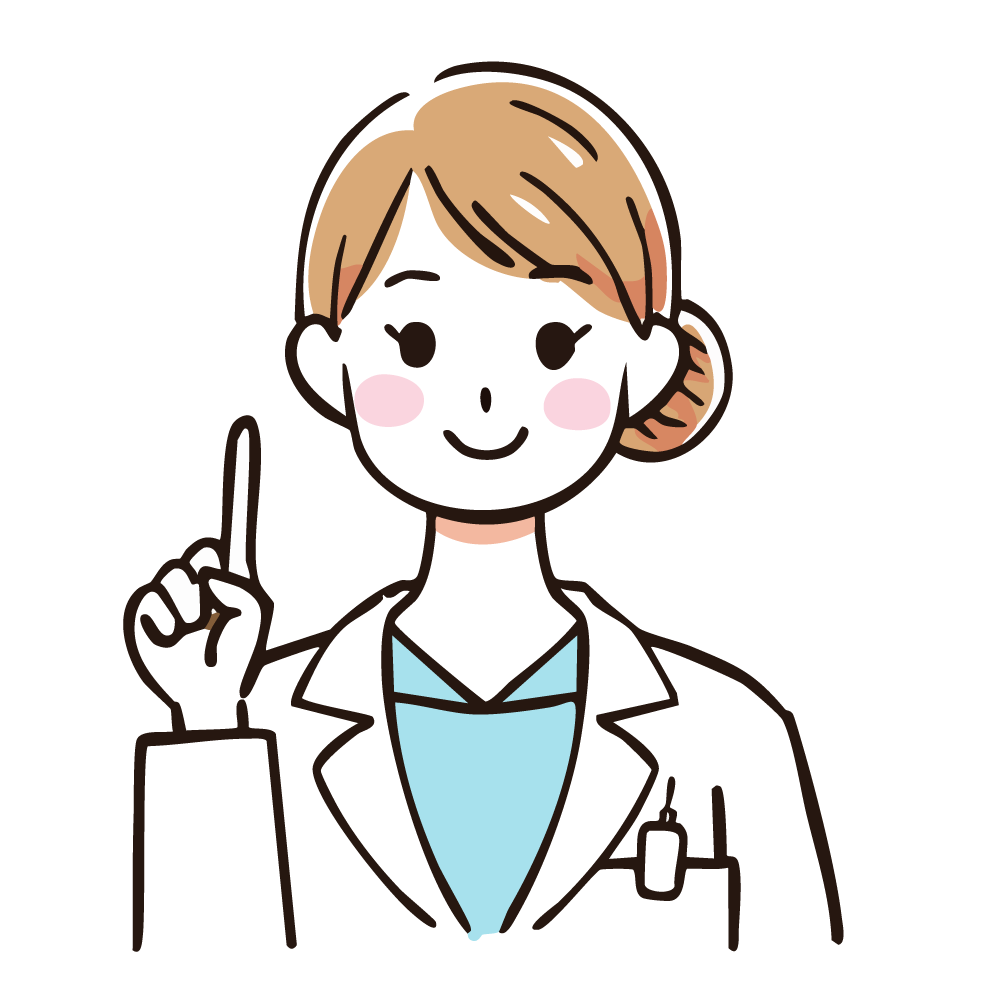 白衣を着て笑顔で指をさす女性の医療従事者