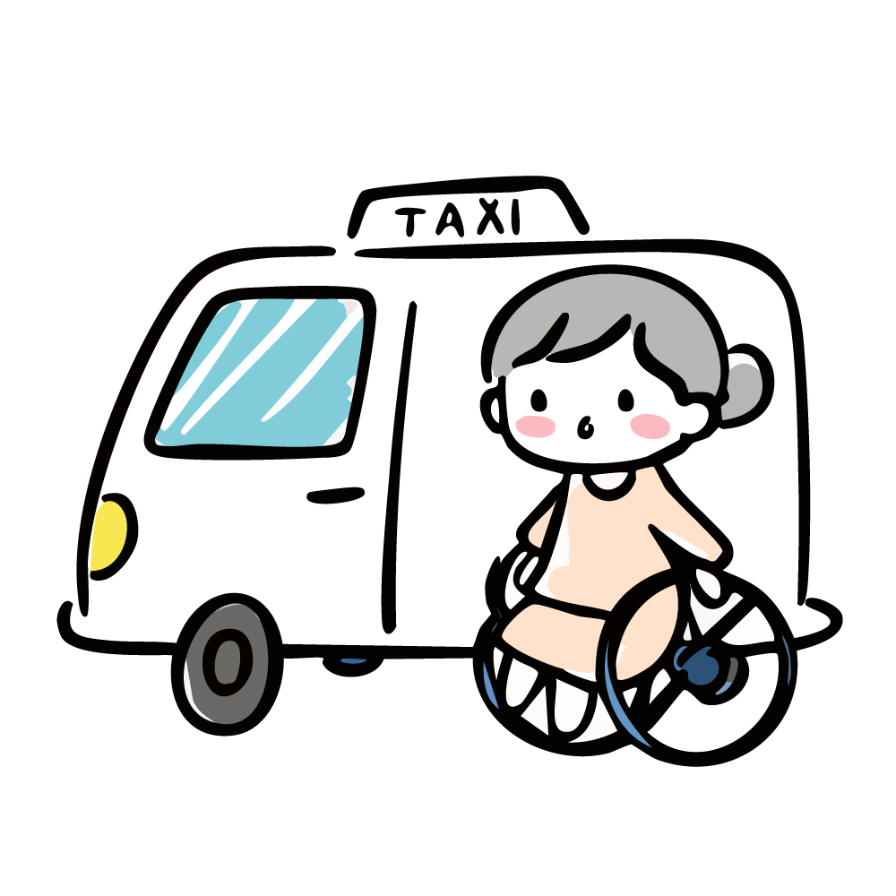 車椅子に乗った高齢女性と介護タクシー