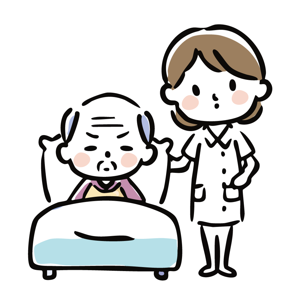 ベッドに座った高齢男性と話す介護士