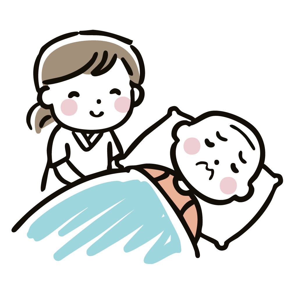 ベッドで話しかける優しい介護士と高齢者のイラスト