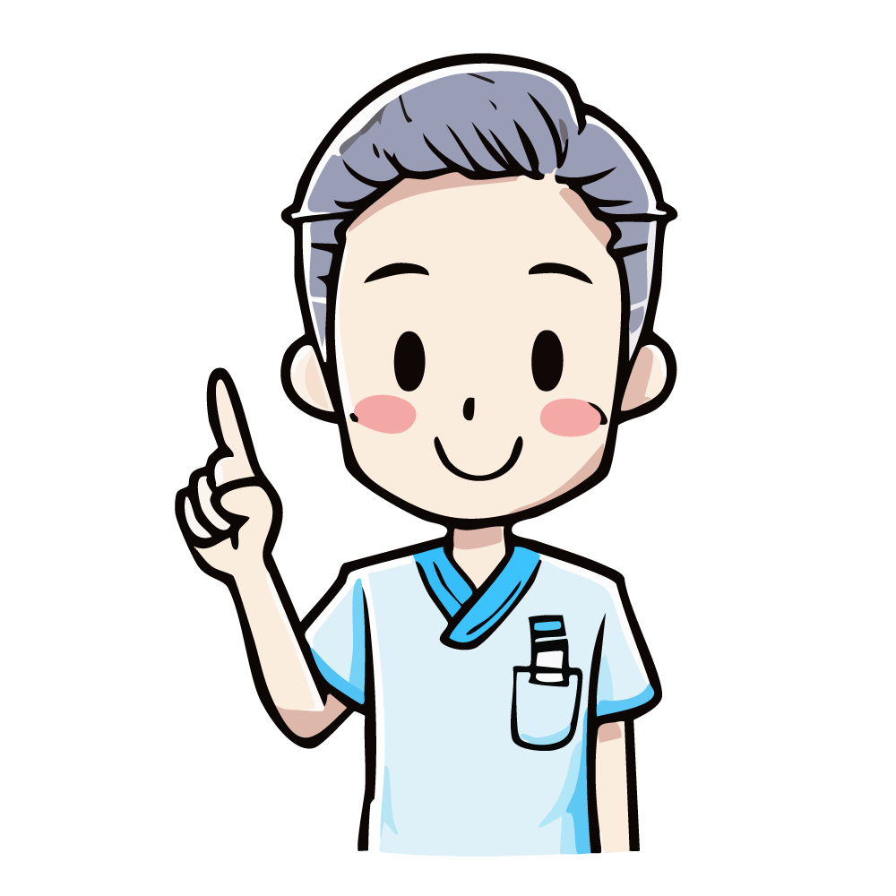指差しポーズをする笑顔の男性介護士のイラスト