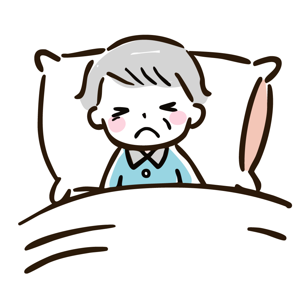 体調不良でベッドに横たわる高齢者のイラスト