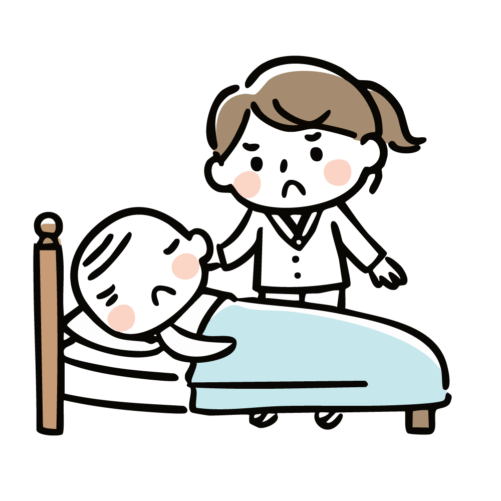 ベッドの高齢者に不安そうに話しかける介護士のイラスト