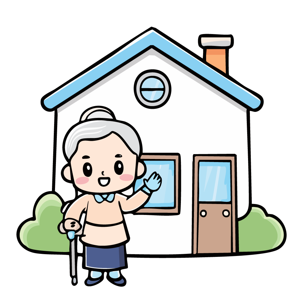 自宅の前に立ち、杖をついて手を振る高齢者のイラスト