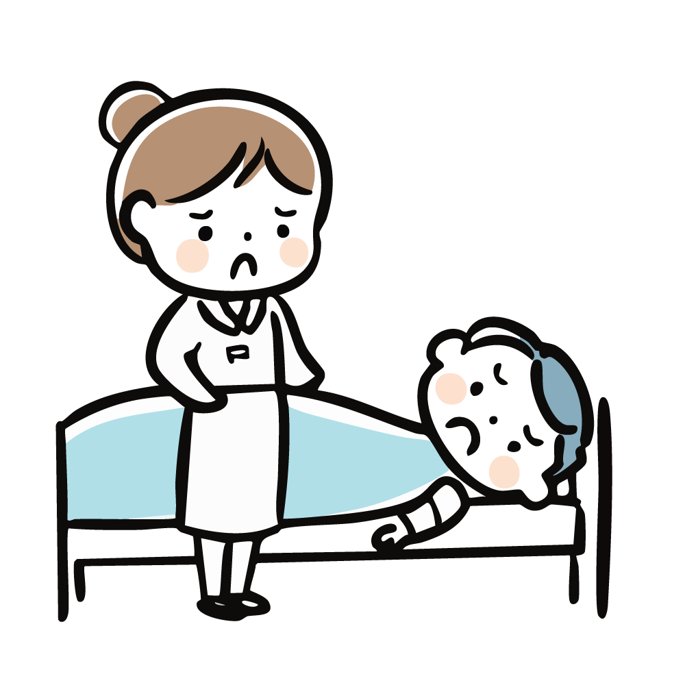 困った表情の介護士とベッドに寝る高齢者のイラスト