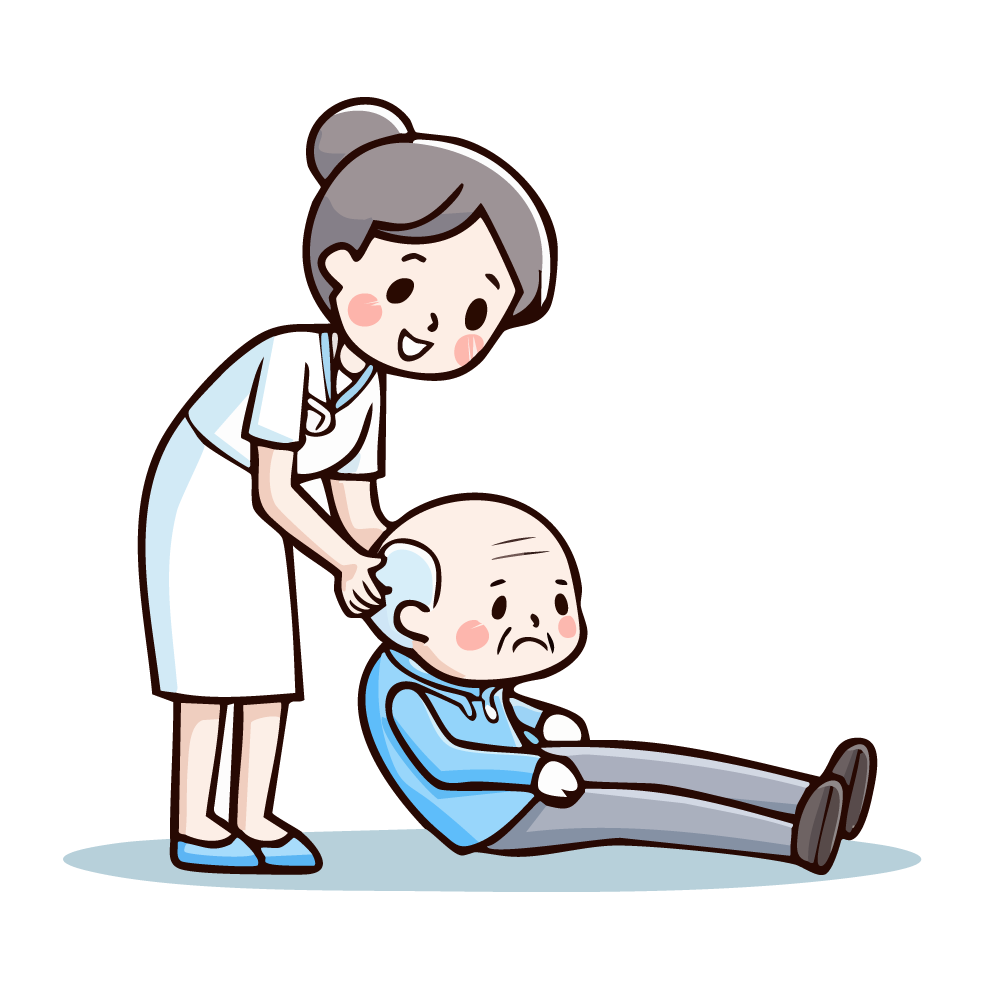 転倒して座り込んでいる高齢者を起こす介護士のイラスト