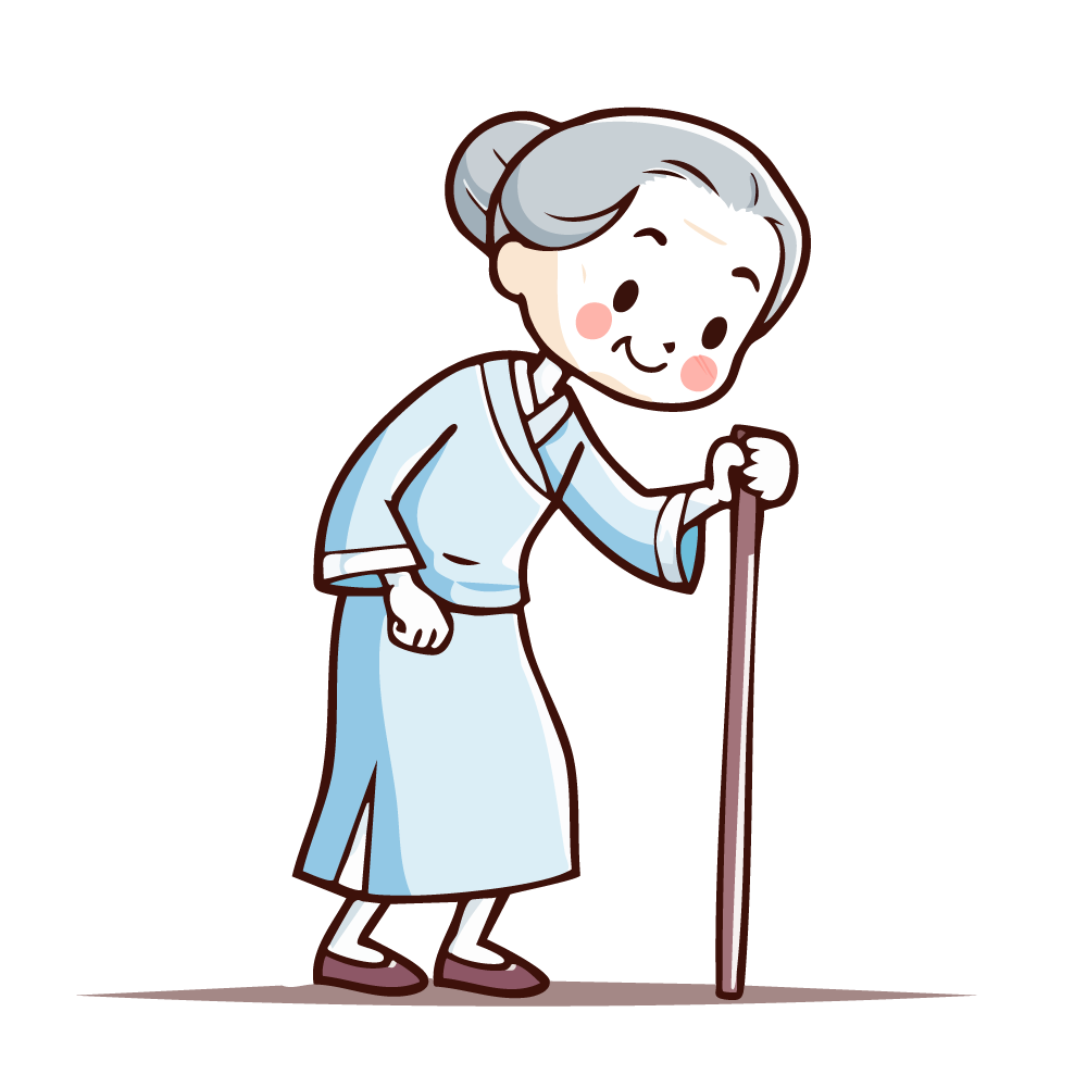 杖をついて笑顔で立つ高齢者の女性のイラスト
