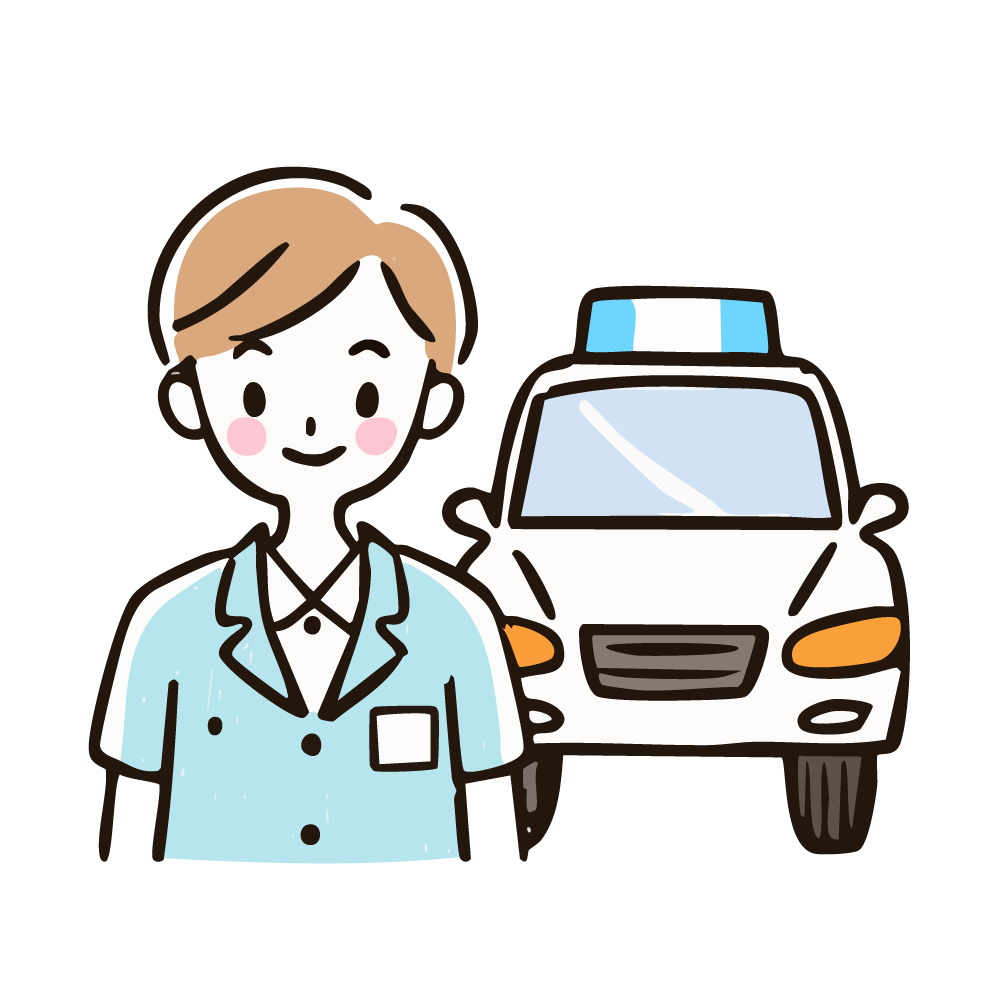 介護タクシーの前に立つ笑顔の男性介護士のイラスト