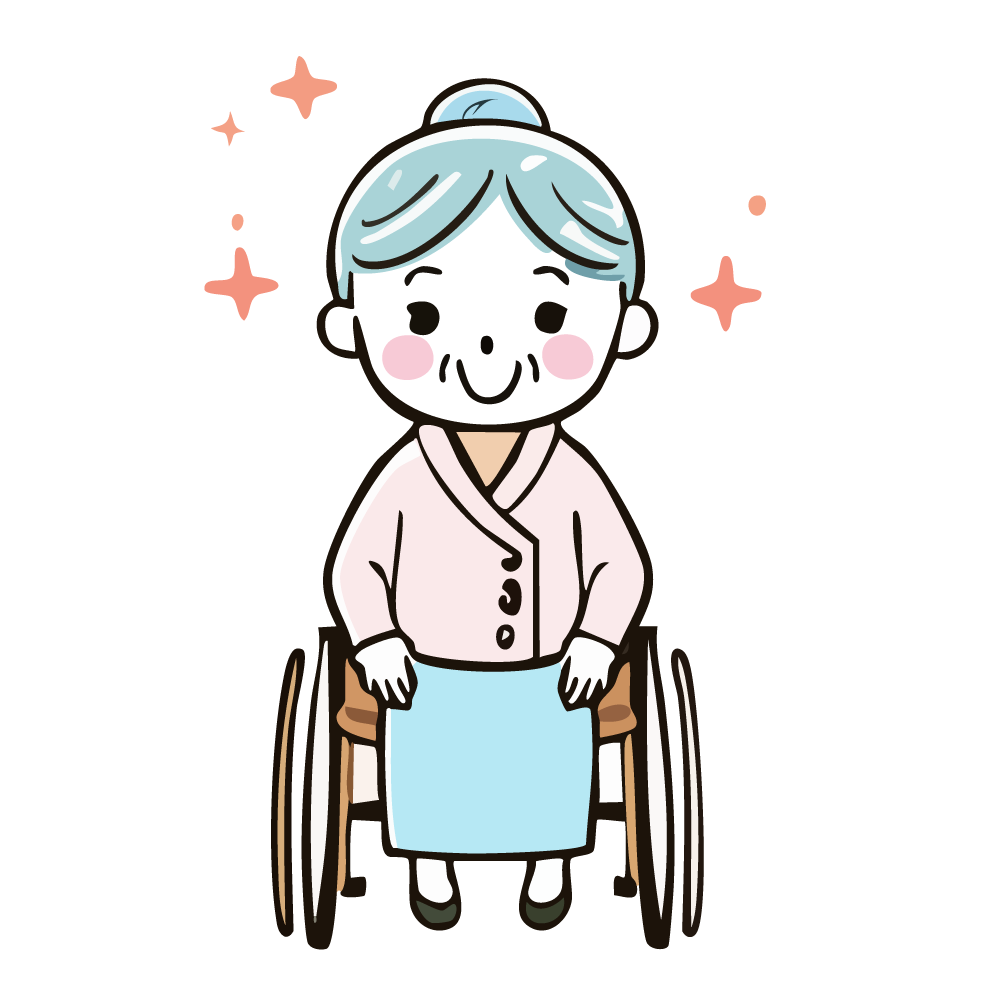 車いすに乗り笑顔で輝く高齢者のイラスト