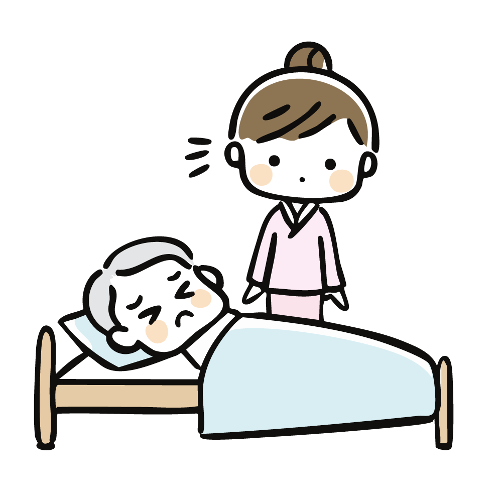 ベッドで寝ている高齢者を心配そうに見守る介護士のイラスト