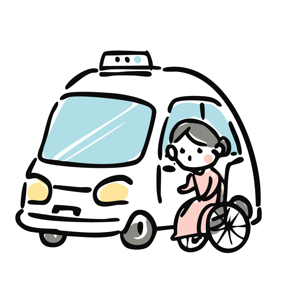 介護タクシーから車いすで降りる高齢者のイラスト
