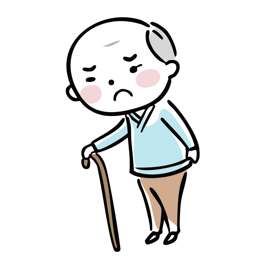 杖をついて困った表情の高齢者のイラスト