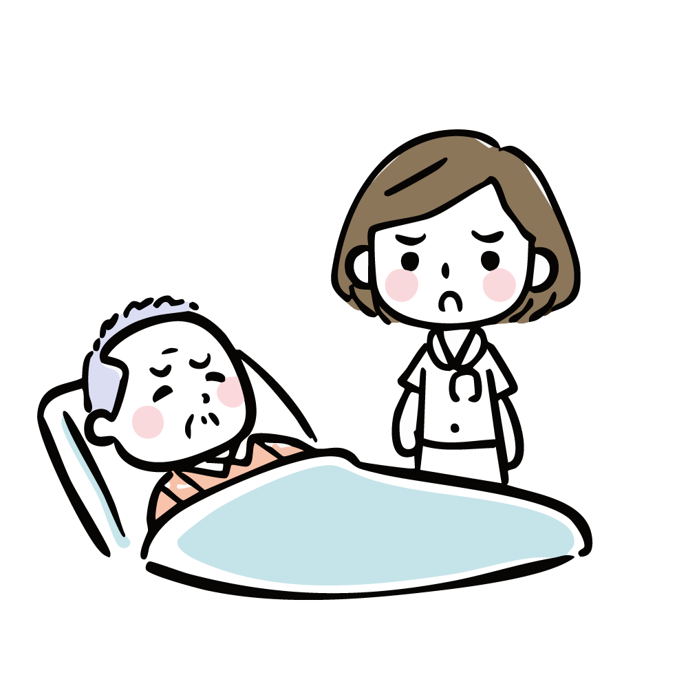 ベッドで寝ている高齢者を心配そうに見つめる女性介護士のイラスト