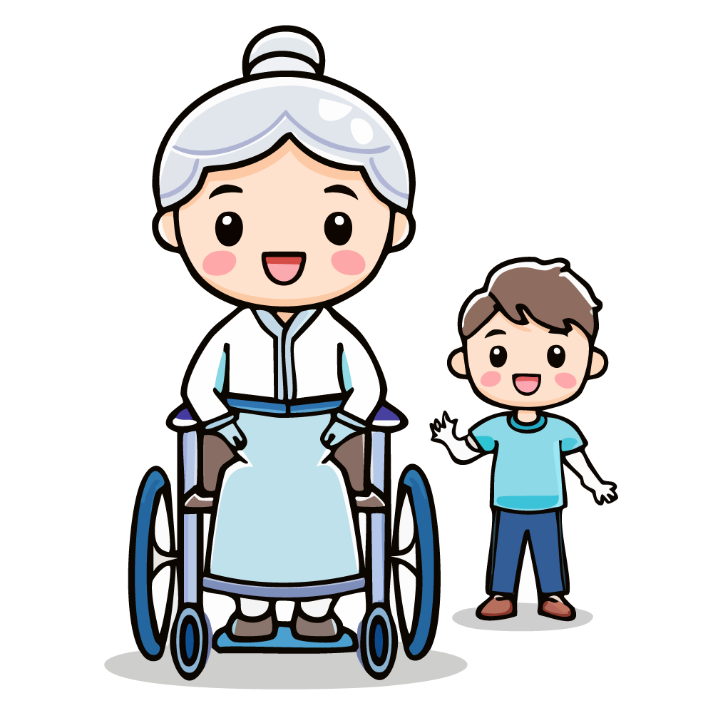 車いすに乗った高齢者と隣に立つ子供のイラスト