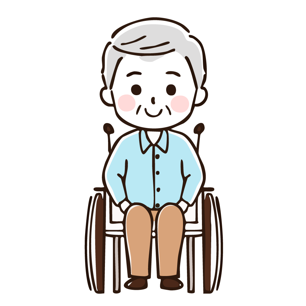 車いすに乗って笑顔を見せる高齢者の男性のイラスト