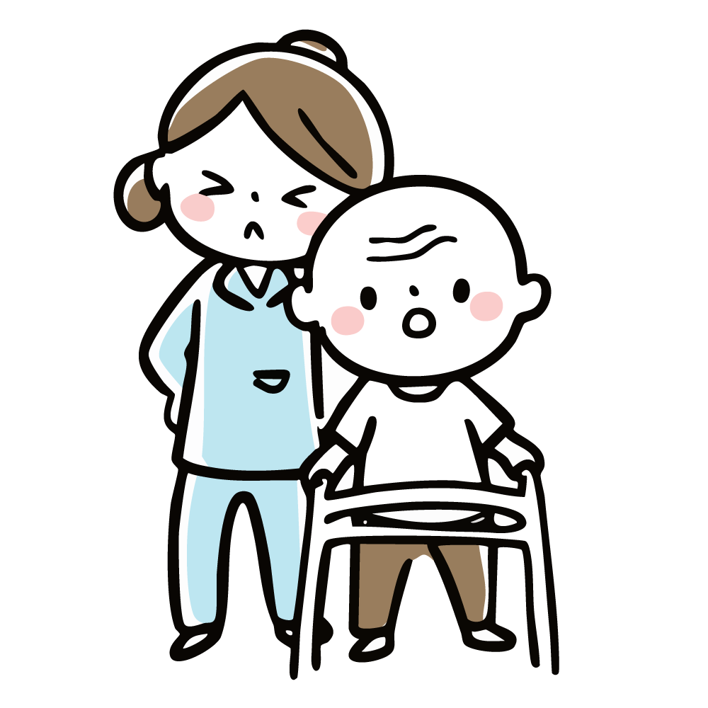 歩行器で歩く高齢者と困った表情の介護士のイラスト