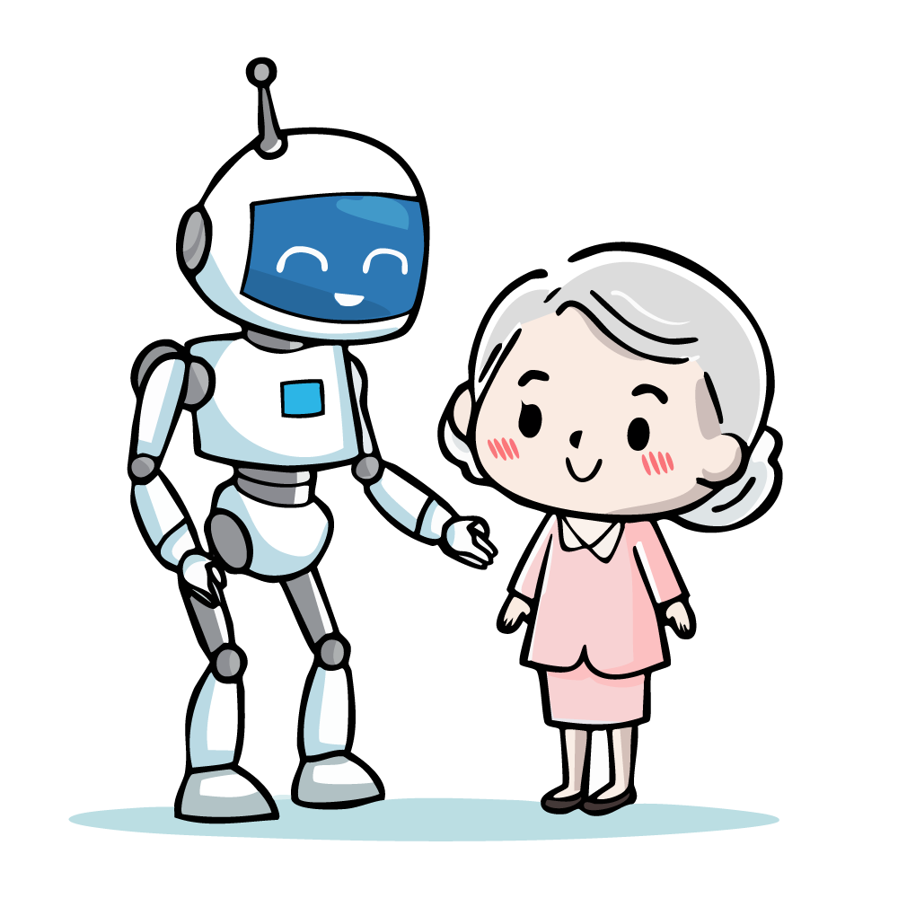 介護ロボットと高齢者が笑顔で寄り添うイラスト