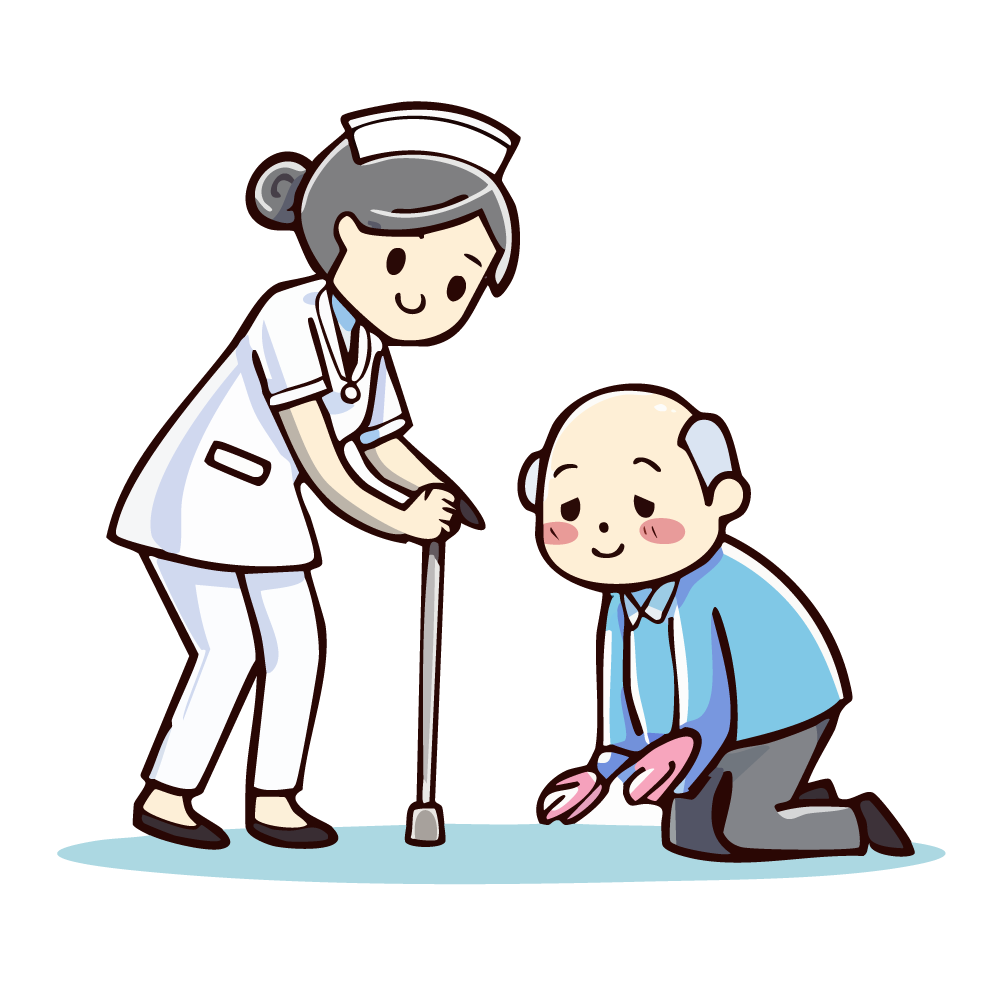 転倒した高齢者を助ける看護師のイラスト