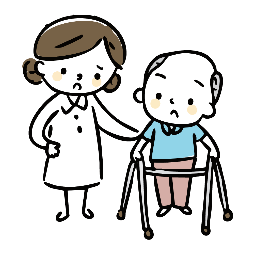 歩行器で歩く高齢者と困った表情の介護士のイラスト