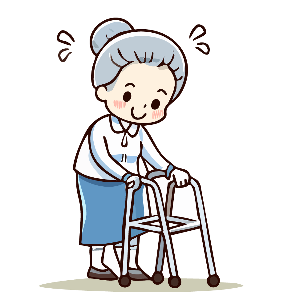 歩行器を使う笑顔の高齢者の女性のイラスト