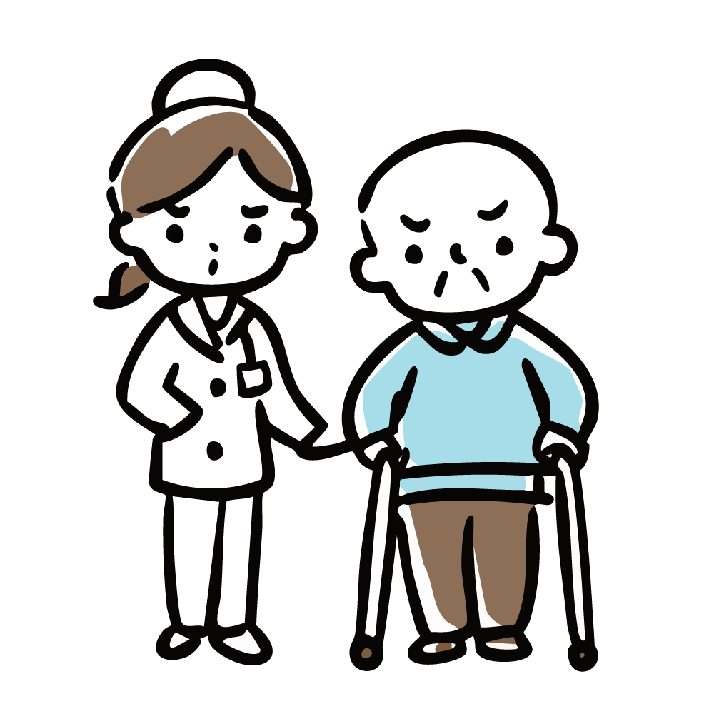 歩行器で歩く高齢者と困った表情の介護士のイラスト