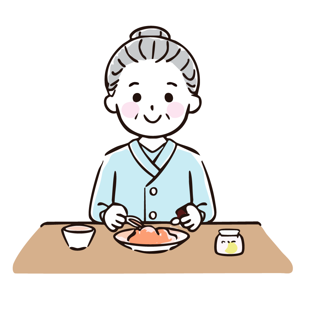 笑顔で食事をする高齢者の女性のイラスト