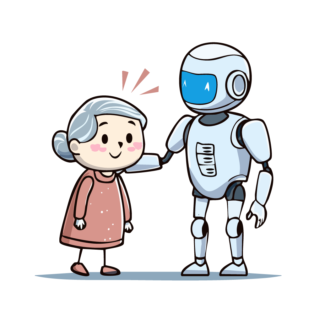介護ロボットと高齢者が笑顔で寄り添うイラスト