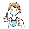 白衣を着て笑顔で指をさす女性の医療従事者