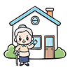 自宅の前に立ち、杖をついて手を振る高齢者のイラスト