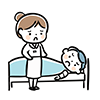 困った表情の介護士とベッドに寝る高齢者のイラスト