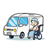 福祉車両の前に車いすに乗った高齢者のイラスト