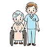 車いすの高齢者を支える笑顔の男性介護士のイラスト