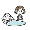ベッドで寝ている高齢者を心配そうに見つめる女性介護士のイラスト