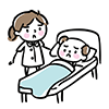 ベッドで苦しむ高齢者と心配そうな介護士のイラスト