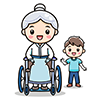 車いすに乗った高齢者と隣に立つ子供のイラスト