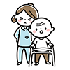 歩行器で歩く高齢者と困った表情の介護士のイラスト