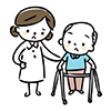歩行器で歩く高齢者と困った表情の介護士のイラスト
