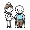 歩行器で歩く高齢者と困った表情の介護士のイラスト