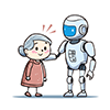 介護ロボットと高齢者が笑顔で寄り添うイラスト