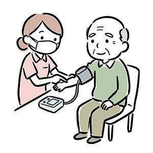 椅子に座ったシニア男性の血圧を優しく測定するマスク姿の看護スタッフのフリーイラスト