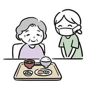 美味しそうなお昼ご飯を前に笑顔の高齢者と優しく見守るマスク姿の介護スタッフのフリーイラスト