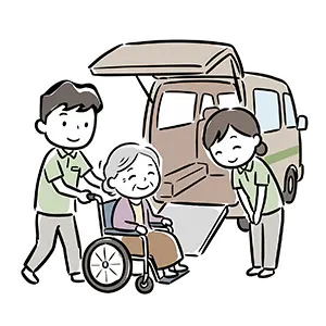 福祉車両から車椅子で降りる高齢の女性と笑顔で迎えるデイサービススタッフの無料イラスト