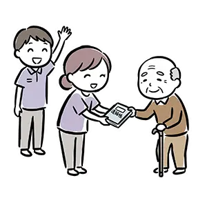 杖を持つ高齢男性に連絡帳を手渡し笑顔で手を振って見送るデイサービススタッフのフリーイラスト