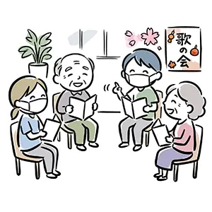 壁に「歌の会」と貼られた部屋で歌詞カードを広げて一緒に楽しく合唱する高齢者たちのフリー素材