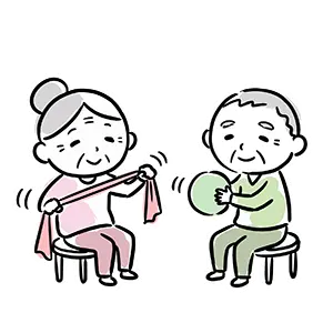椅子に座りながらタオルや柔らかいボールを使ってリハビリ体操を行う高齢者のフリー素材
