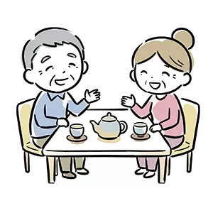 テーブルでお茶を飲みながら笑顔で仲良くおしゃべりを楽しむおじいさんとおばあさんの無料イラスト