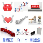 救急箱や心臓を支える手、DNA構造、骨、手術中の表示灯、血管内の血球、ワクチン接種、医師との対話など、医療と人体の仕組みに関連する3Dイラストの詰め合わせ。
