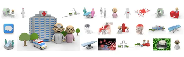 総合病院の外観やMRI検査機、手術室、救急車、医師と患者、脳や関節の痛みなど、高度医療現場と診察イメージを網羅した3Dイラストセット。