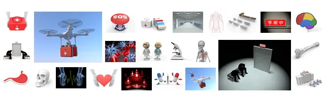 医療物資を運ぶドローンやSOSボタン、手術中のランプ、病院の待合室、内臓や骨の模型など、緊急医療や院内設備を描いた3Dイラスト素材セット。