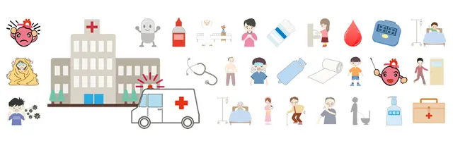 発熱や頭痛に苦しむ様子、病院の外観、救急車、点滴、包帯、薬、手洗いなど、病気の症状と治療・通院シーンを網羅したイラスト素材セット。